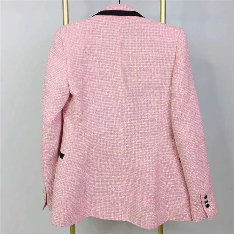 ZA elegante chaqueta rosa texturizada mujer manga larga contraste ribete doble botonadura Blazers mujer moda lindo abrigo prendas de vestir exteriores 211006