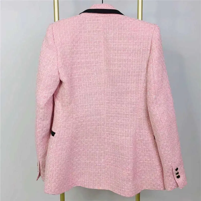 ZA élégant rose texturé Blazer femmes à manches longues contraste passepoil Double boutonnage Blazers femme mode mignon manteau survêtement 211006