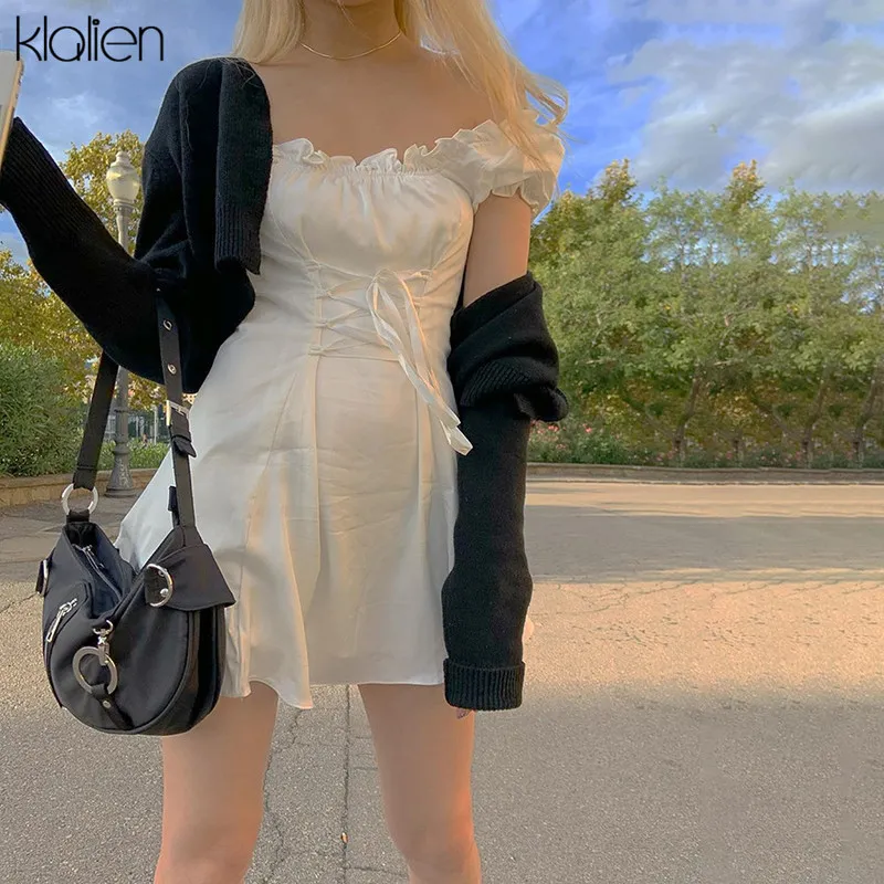 Klalien moda elegante arco branco fêmea mini vestido festa de verão festival de aniversário bonito sexy francês romântico dres 220311