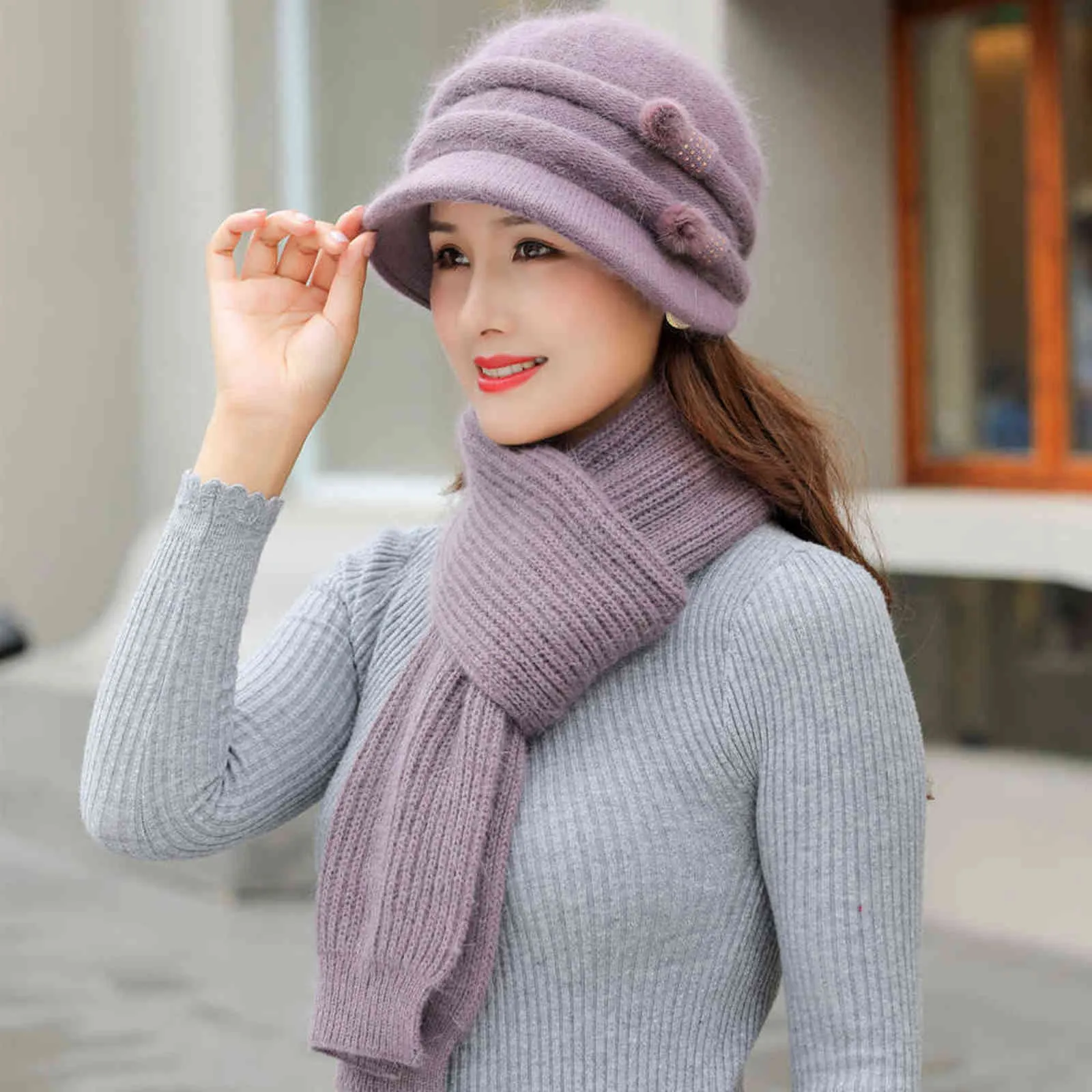 Femmes hiver chapeau garder au chaud casquette ajouter fourrure doublé écharpe ensemble mode pour décontracté lapin tricoté seau 211119