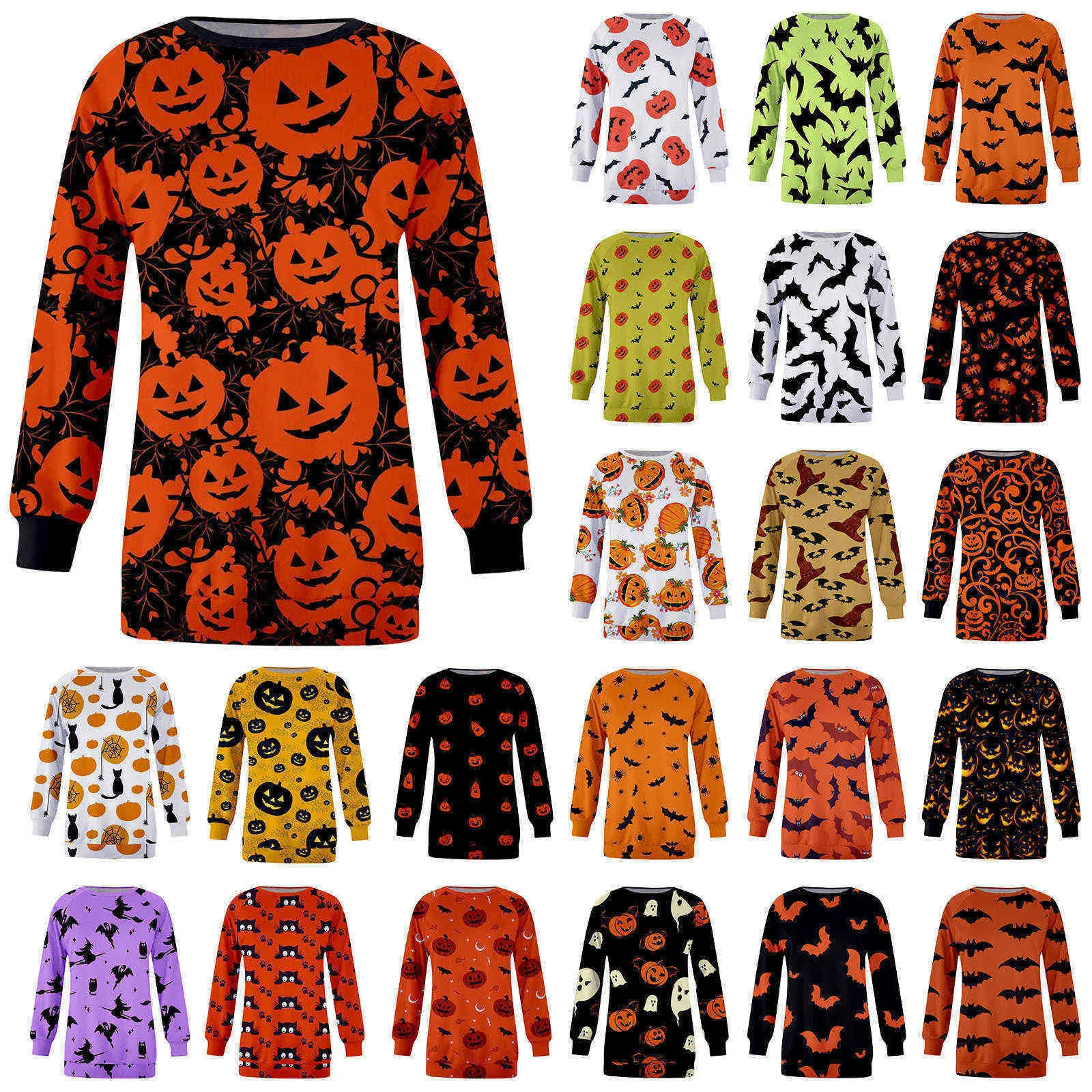 S-2xl Halloween Sweater Pulloce Hoodies voor vrouwen Ronde nek Pompoen Ghost Spider Mat Cartoon Print Lange Mouw Sports Casual tops G860DJA