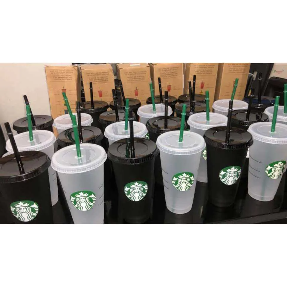 Klar att skicka återanvändbar Starbucks Tumbler Color Changing Confetti Cold Cup Rainbow Straw med lock Plastic Cup Cynt