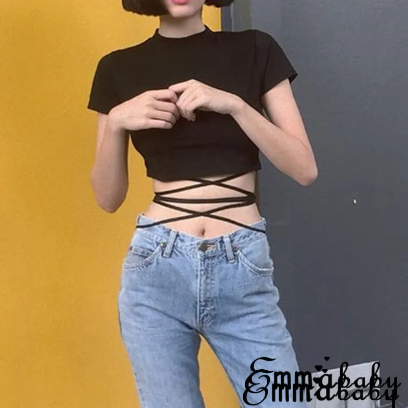 Sommer Frauen Schwarz Kurze T-Shirts Sexy Crop Tops Kurzarm Bandage T Tops Weibliche Shirts