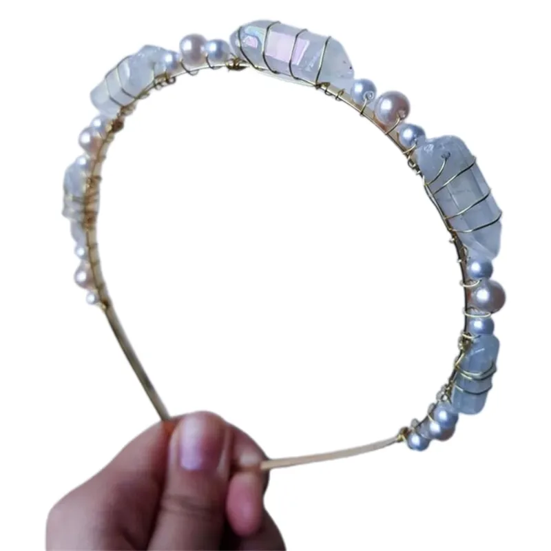 Cerchietto capelli con gioielli da sposa con perline di perle in pietra di cristallo di quarzo grezzo