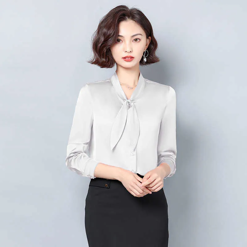 Coréen Soie Femmes Blouses Femme Satin Chemise Élégante À Manches Longues Solide Plus Taille Blusas Mujer De Moda 210531