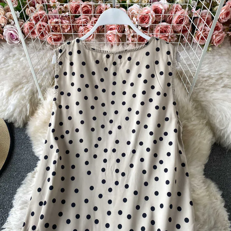 Svart / beige polka dot lång klänning kvinnor elegant rund hals ärmlös stor swing ruffle vestidos kvinnlig 2021 sommar mode robe y0603