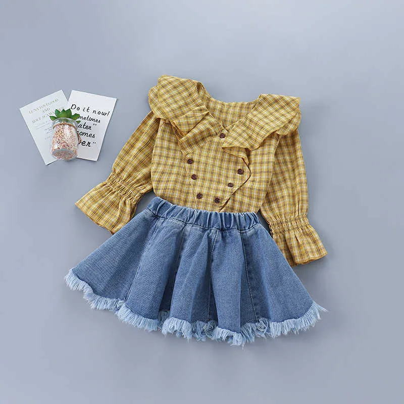 2-7 년 고품질 소녀 의류 세트 가을 패션 노란색 녹색 격자 무늬 셔츠 + 데님 치마 아이 210615