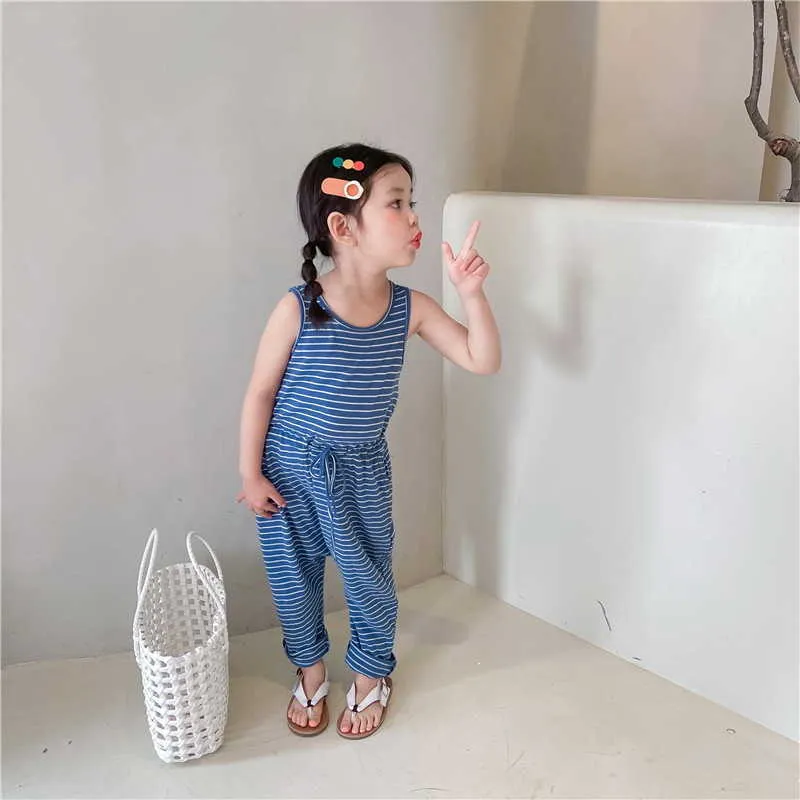 Style coréen Été Enfants Filles Combinaison Bleu Rayé Gilet sans manches Romper Enfants Vêtements décontractés E6025 210610