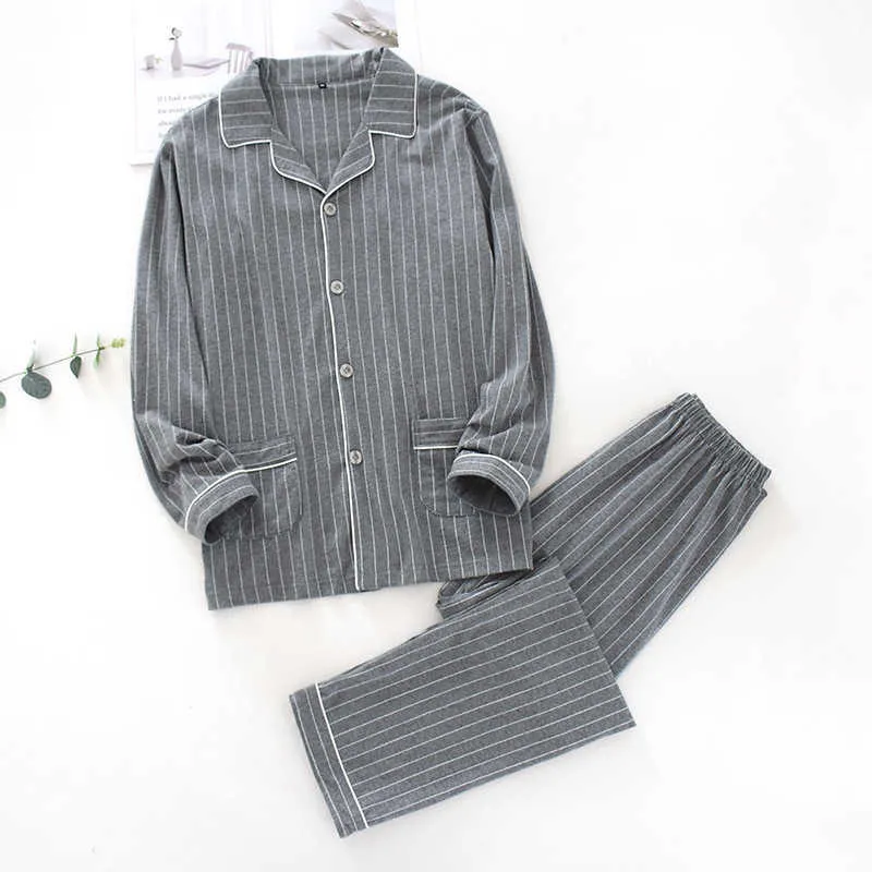 100% Cotone Donne Pigiama Set Camicia del collo di svolta + Pantaloni Comfort Manica lunga Pigiama Stripe Pigiama femminile Autunno Autunno Home Wear 210809