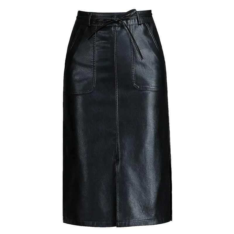 Осенняя черная кожаная юбка Женщины плюс размер сексуальные миди -пУ