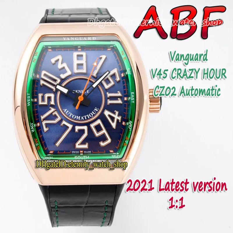 ABF New Crazy Hour Vanguard CZ02自動メカニカル3Dアートデコアラビア語ダイヤルV45メンズウォッチPVDブラックスチールケースレザーエターン259y