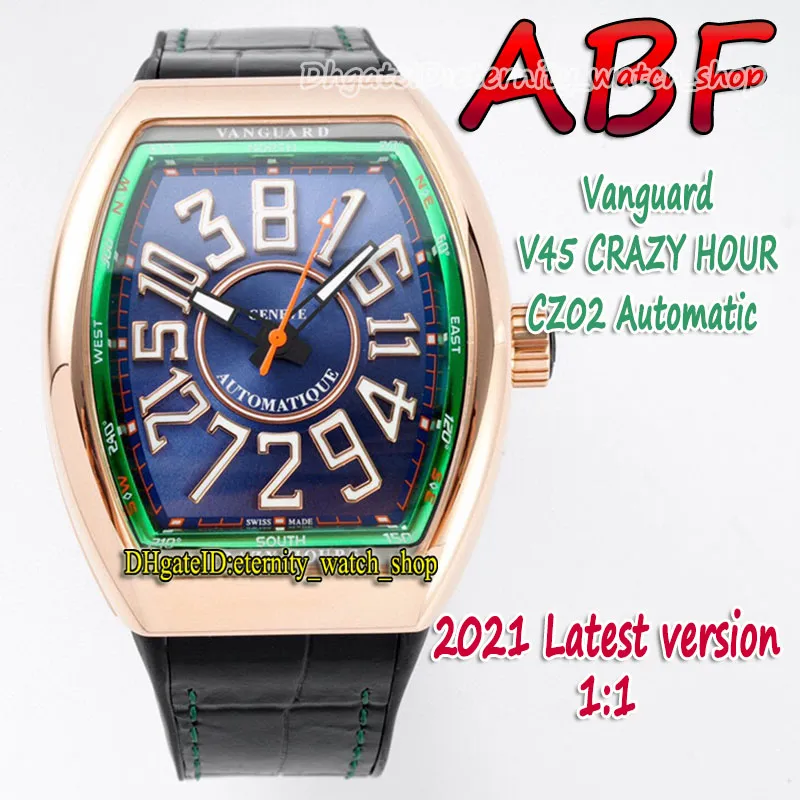 ABF New Crazy Hour Vanguard CZ02 Automatisk mekanisk 3D -art deco Arabisk urtavla V45 Mens Watch PVD Black Steel Case Läder Eternity205V