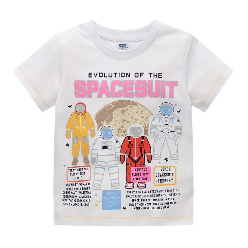 Hoppmätare Vit Baby T Shirts med Space Man Skriv ut Fashion Boys Girls for Summer Kids Ees Ops Kostym 210529