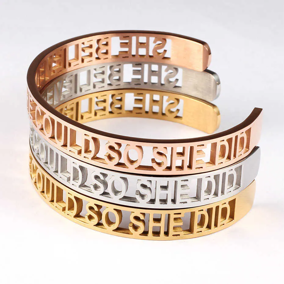 Carvort She Believed She Could So She Did 8mm Women Inspirational Engraved Mantra Bracelet- Stainless Steel Bangle for Girls Q0719