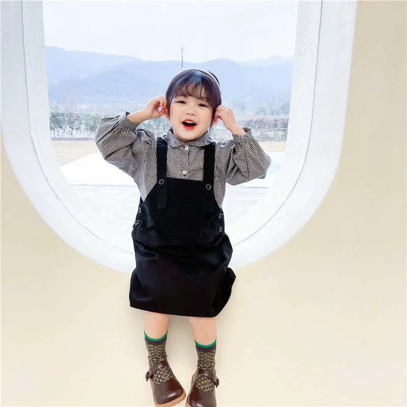 Commercio all'ingrosso primavera stile coreano neonata 2-pcs set plaid maniche lunghe camicie + tuta vestito abbigliamento bambini E9035 210610