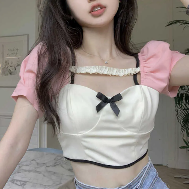 Shirt Girl Design Sense Niche Short Bow French Chic Short-sleeved Summer Pure Bubble Sleeve Top 210529