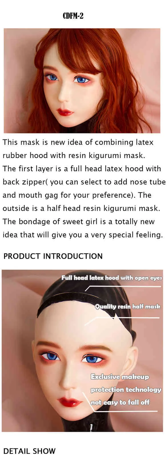 CDFM-2 Handgjorda Kvinna / Tjejharts och Latex Hood Full Head Japansktecknad Karaktär Cosplay Kigurumi Mask Crossdresser Doll