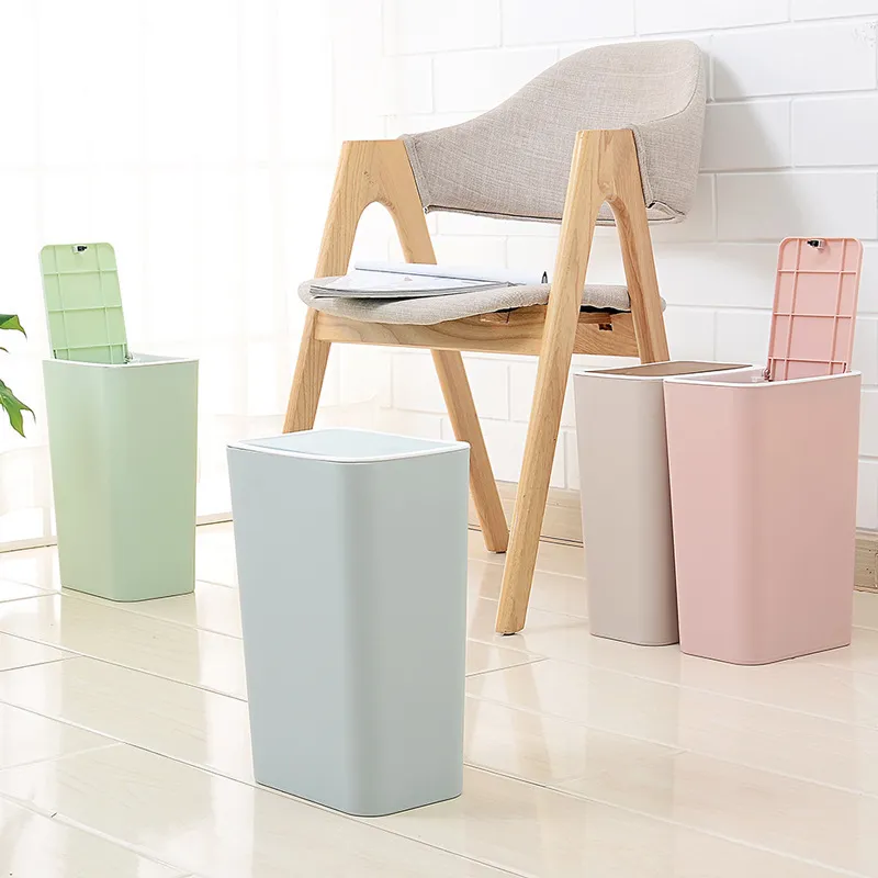 Modern Design Plastic Trash Can Pressing Cover Home Kitchen Office Waste Bin Sitting Room Toilet Paper Basket Y200429
