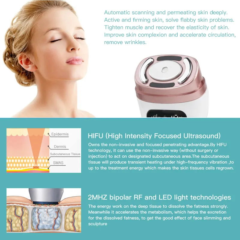 Mini HIFU Machine Ultrasound RF EMS Microcurrent LED light therapy Face Lifting Tightening Anti Wrinkle Skin Care Product 220216