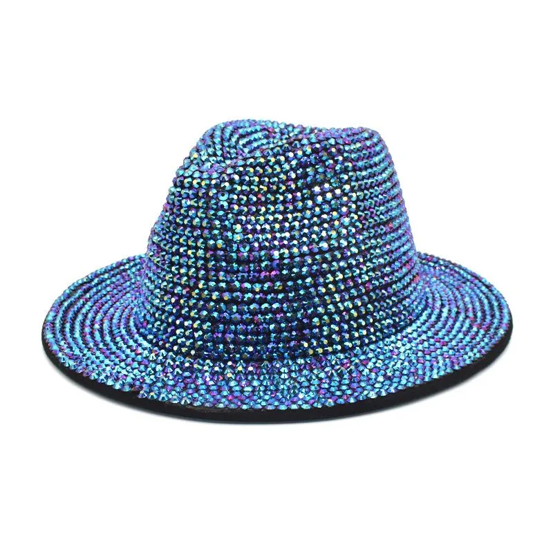 Chapeaux à large bord hiver femmes bling strass seau chapeau simple feutre Panama avec diamant complet réglable Jazz Whole236u