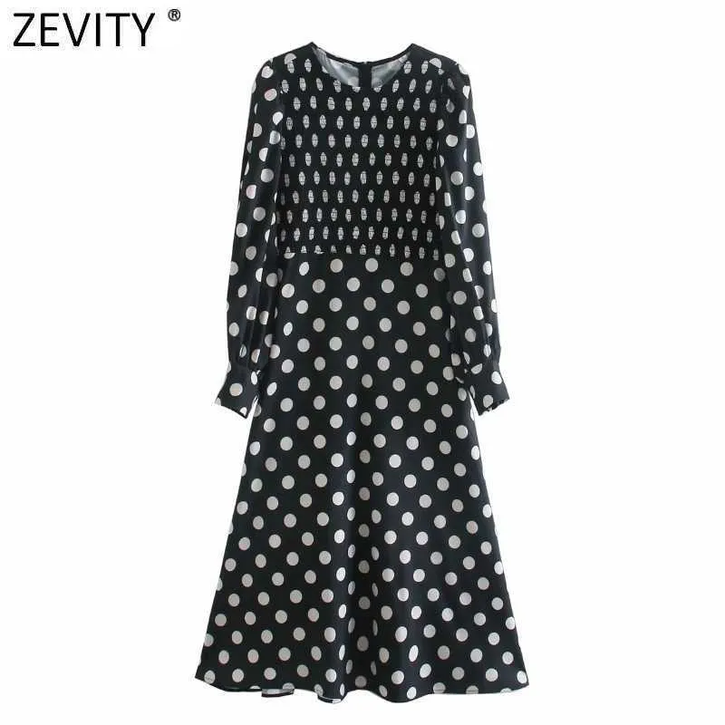 Zeefity Dames Vintage Lange Mouwen Polka Dot Print Een lijn Midi Dress Office Dame Chic Elastische Patchwork Casual Vestido DS4710 210603