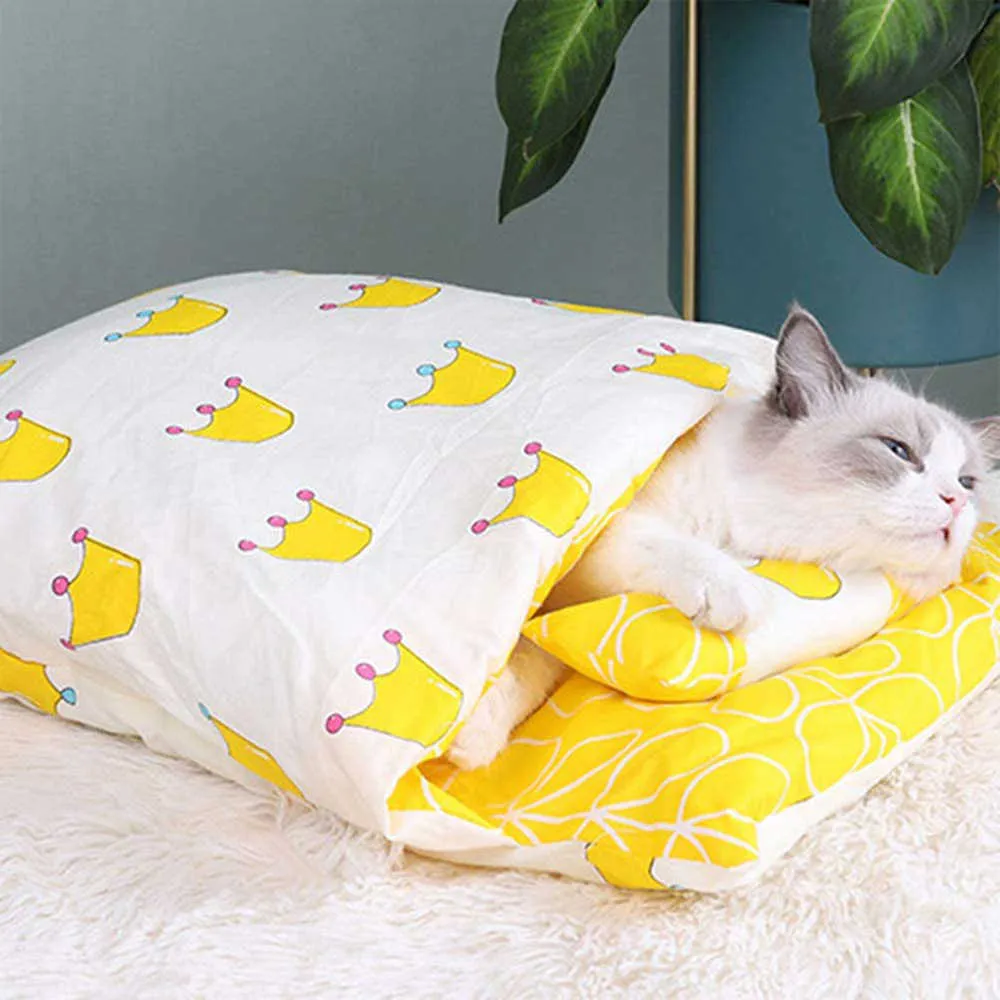 Pet Cat Quilt Four Season Universal Sleeping Bag Warm Movable House Cave Comfortable Bed With Pillow Accessories 211006
