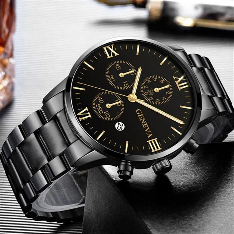 Relógios de pulso Genebra Moda Luxo Relógio Homens Aço Inoxidável Pulso Mens Relógios Calendário Masculino Relógio Preto Relojes Hombre 2021231V