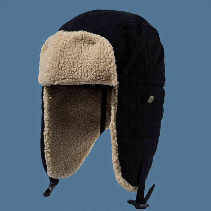 HT3425 Moda Cappello invernale Spessa calda Berber Fleece Trapper Earflap Cap Uomo Donna Lana di agnello Cappello russo Maschio Femmina Bomber Hat 211227