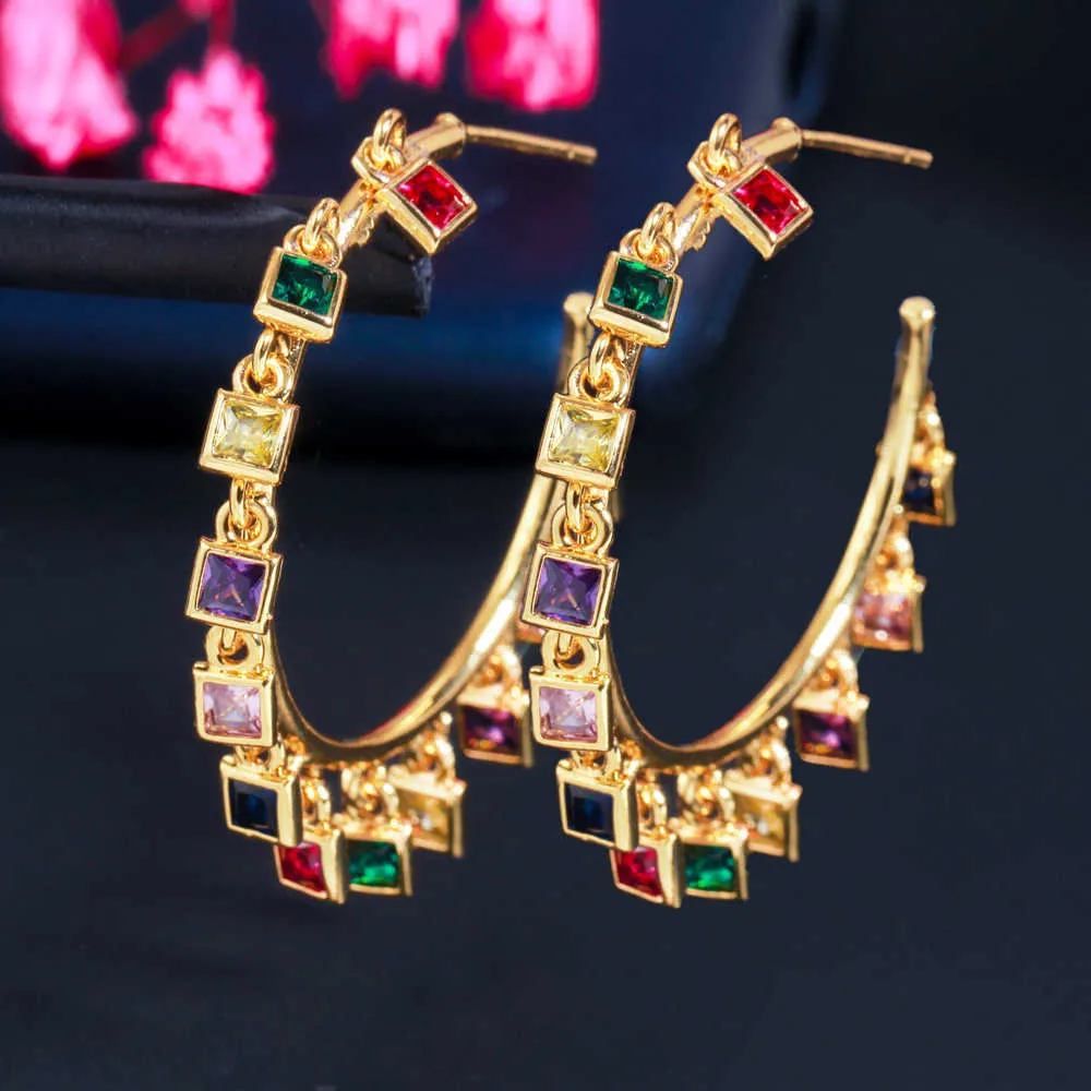 Exquisite Elegant Multicolor Square Cubic Zircon Yellow Gold Color Women Round Big Hoop Earrings with Charms CZ829 210714