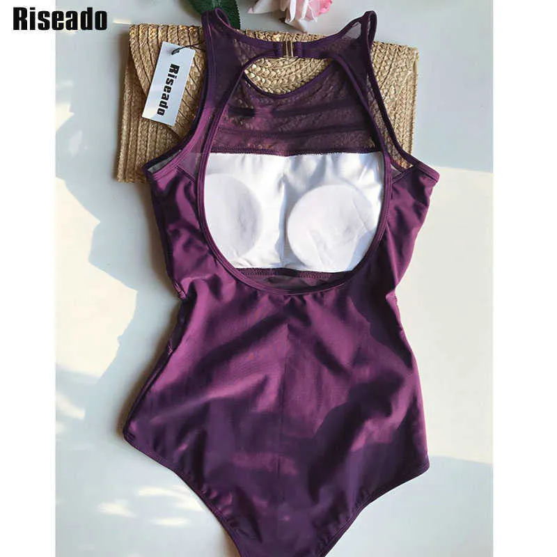 Riseado Black Mesh Swimsuit Kobiety Stroje Kąpielowe Seksowna Wysoka Neck Kostium Kąpielowy Backless Plus Size XXL 210611