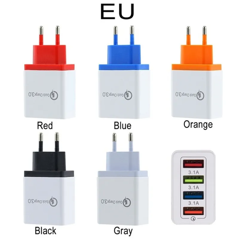 4 Port Szybki ładunek 3.0 Szybka mobilna UE / US Plug Wall Wall Adapter ładowarki USB dla inteligentnych urządzeń 5 kolorów