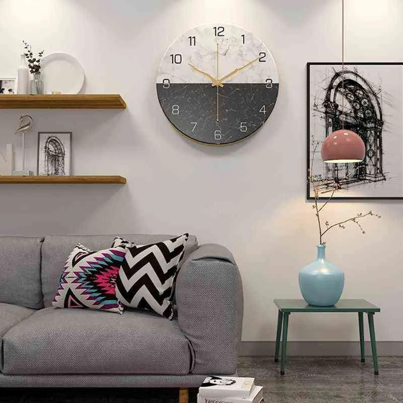 Orologio da parete con motivo in marmo in stile nordico Rotondo silenzioso in metallo Orologio silenzioso semplice alla moda Home Room Decor Design Timer H1230