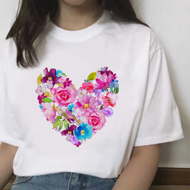 2020 Zomer Vrouwen T-shirt Gelukkige Liefde Gedrukt Tshirts Casual Tops Tee Harajuku 90s Vintage Witte T-shirt Vrouwelijke Kleding X0527