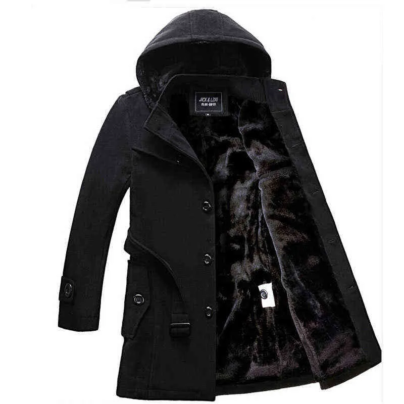 Fleece dos homens com capuz de lã grossa inverno casaco de longa trincheira de lã casaco casual casual bolso overcoat com capa removível 211122