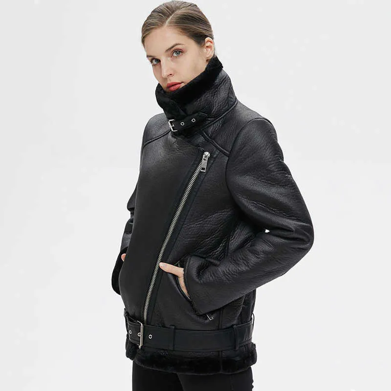 Ly Varey Lin Women Beige Fur Faux Lamb Leather Jacket Coat With Belt Turn Down Collar Winter Thick Warm Zipper Oversized 210526