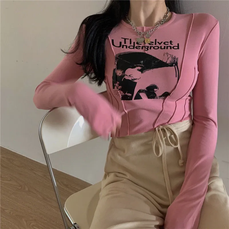 한국어 패션 의류 캐주얼 슬림 티셔츠 여성을위한 o neck 긴 소매 섹시한 자르기 탑 grunge 편지 인쇄 여성 220315