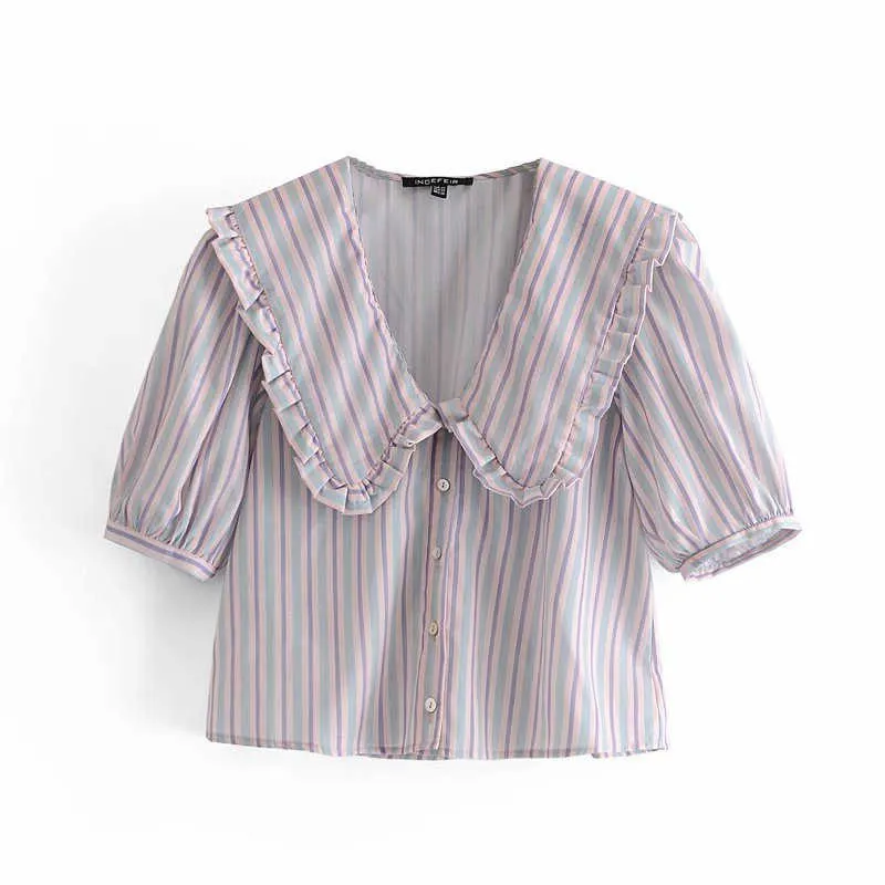 Za летняя полосатая розовая рубашка женщины короткий слойный рукав питер pan воротник топ женщина мода передняя кнопка винтажная блузка 210602