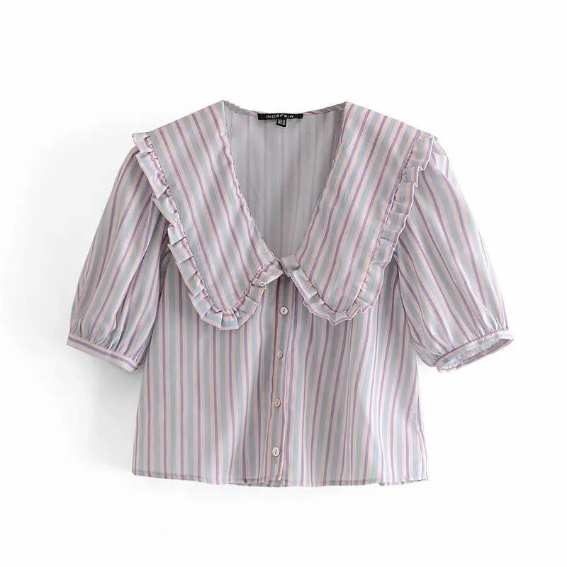 ZA Zomer Gestreept Roze Shirt Dames Korte Bladerdeeg Mouw Peter Pan Collar Top Woman Mode Front Button Vintage Blouse 210602