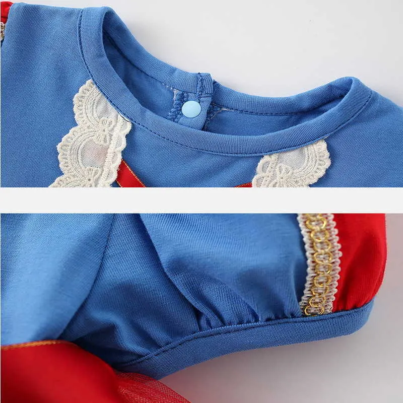الصيف طفلة اللباس قصيرة نفخة الأكمام لوليتا نمط الأزرق الأحمر الدانتيل الأميرة الاطفال الملابس E9238 210610