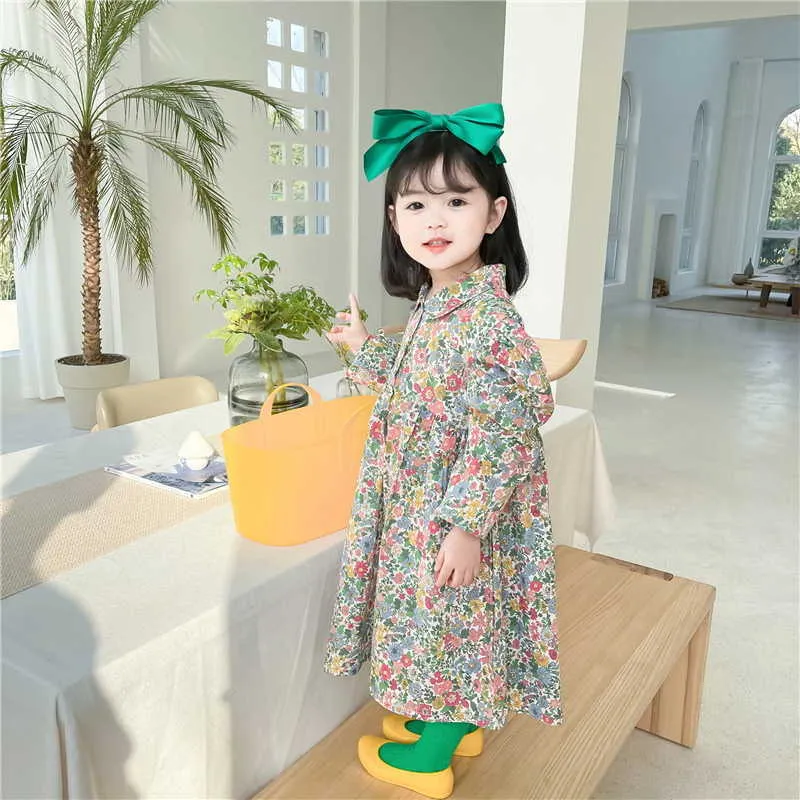 Vendita all'ingrosso stile coreano primavera ragazze floreale colletto Peter Pan abiti da principessa vestiti bambini E6025 210610