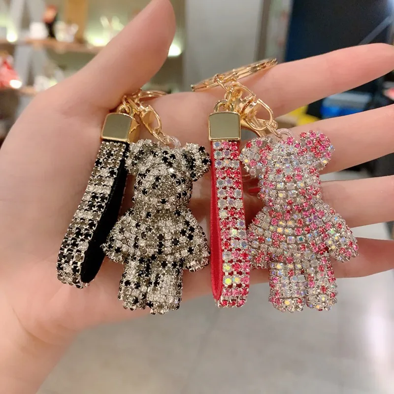 Creative Cute Rhinestone Bear Key Chain Women Crystal Animal Keychains Leather Strap Lanyard Bag Charms Pendant Accessories275Q
