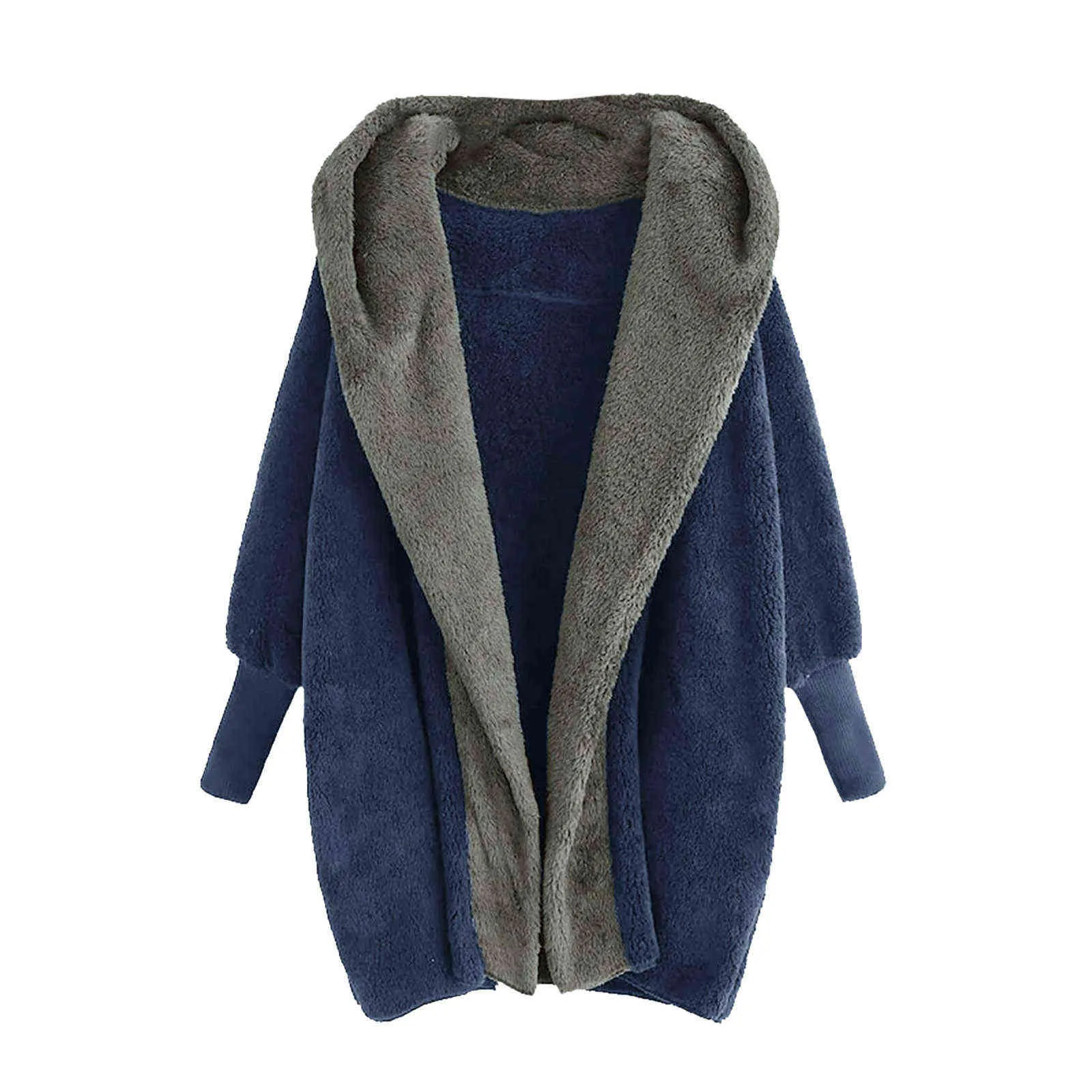 Winter Thicken Warm Wol Fleece Jassen Vrouwen Lange Mouw Fake Pur Hooded Jassen Vrouwelijke Fluffy Pluche Losse Vest Overjas 211126