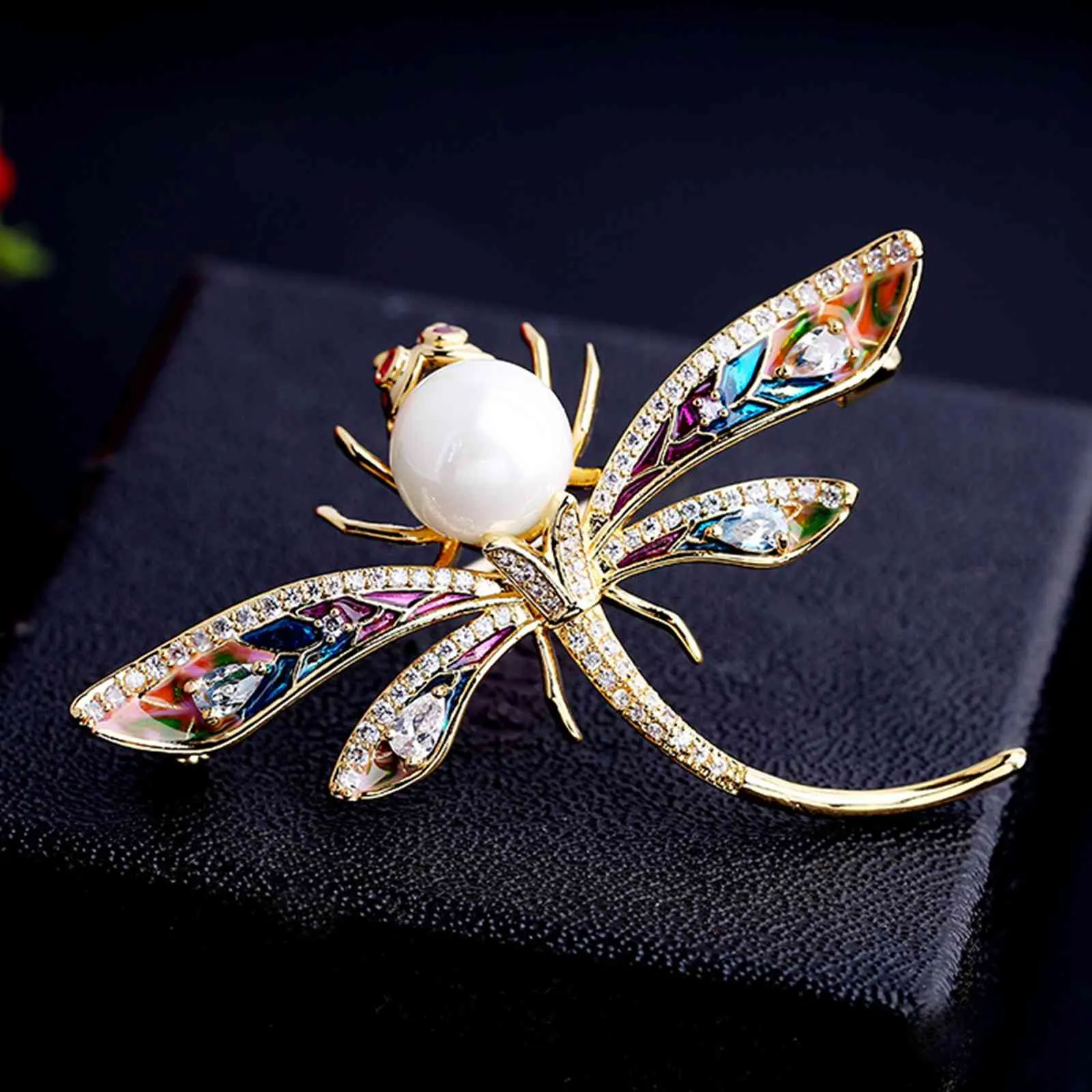 Wspaniałe Pave Clear CZ Zestaw Naśladowany Pearl Head Kolorowe Emalia Dragonfly Podzeńców Płeć Owad Biżuteria Dla Loved Ones