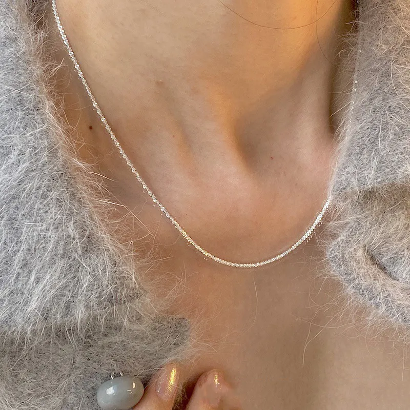 Collar delgado de cadena de clavícula con purpurina brillante de plata S925, collar de cadena femenina para mujer y niña, joyería italiana 45cm250b