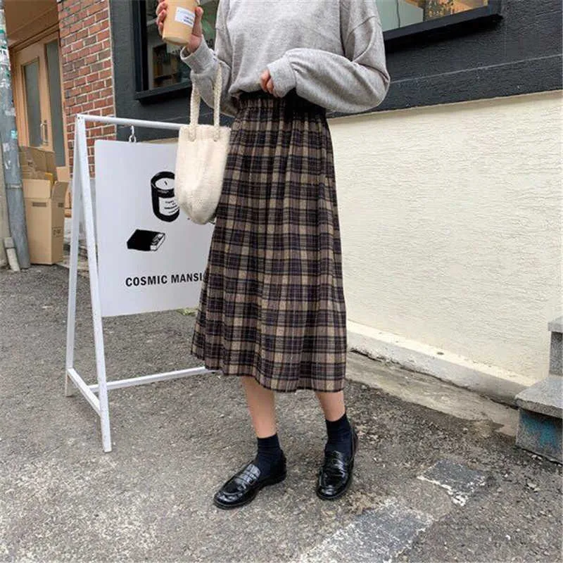 Vintage Wool Pleated Plaid Skirt Women High Waist Plus Size Long Autumn Winter Harajuku Female Party Streetwear 210621