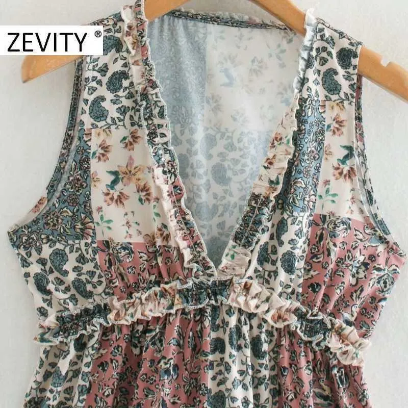 Zevity Women Vintage Koronki Agielskie V Neck Cloth Patchwork Print Casual Slim Sukienka Kobiet Rękaweres Vestido Sukienki Chic DS4503 210603