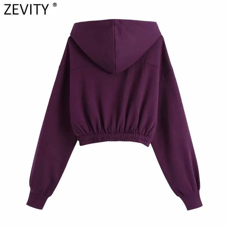 Zevity المرأة عارضة بلون مقنعين sweatershirts السيدات طويلة الأكمام تنحنح مرونة قصيرة هوديس العلامة التجارية شيك قمم H529 210603