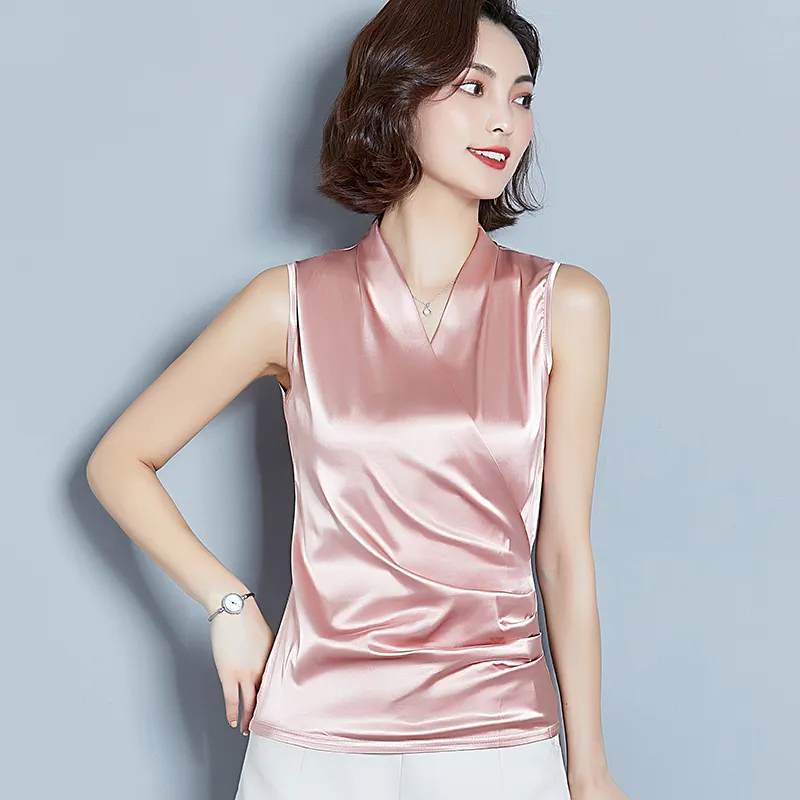 Korean Fashion Silk Women Blouses Satin Sleeveless Pink Women Shirts Plus Size XXXL Womens Tops and Blouses Ladies Tops 210308