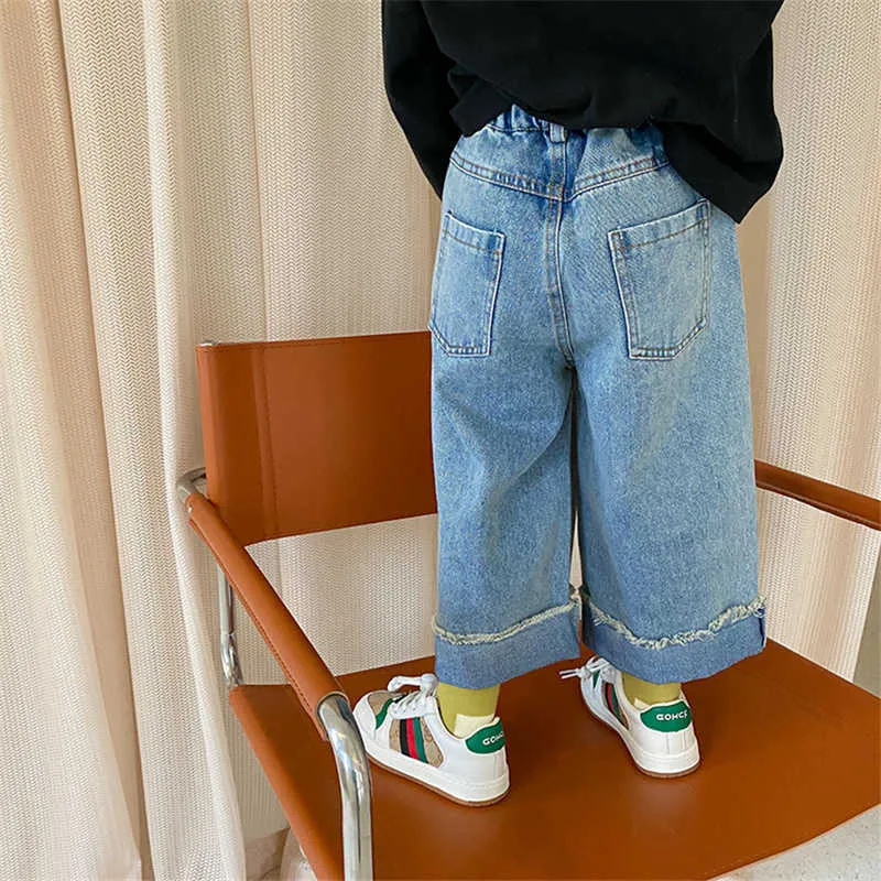 Estilo coreano Niños Denim Pantalones de pierna ancha Chicas de moda Pantalones vaqueros casuales sueltos 1-7Y 210615