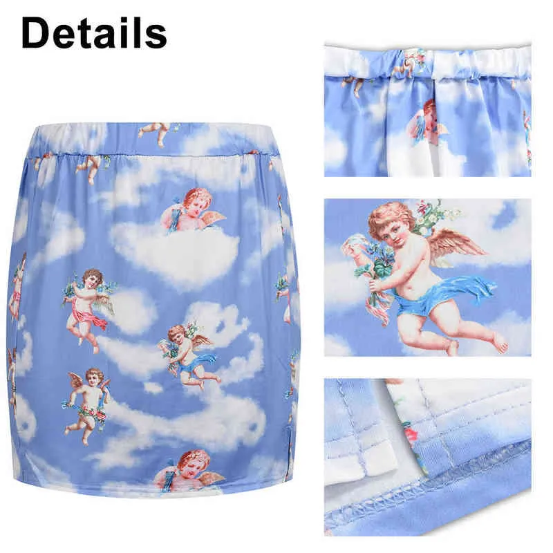 6Xl 5Xl Plus Size Mini Corset Women Skirt Blue And White Skirt Angel Baby Clouds Printed Large Lady Rubber Band Waist Skirt D30 G220309